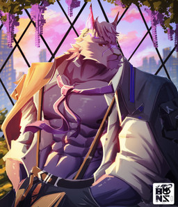 anthro city city_background clothed clothing facial_scar fur male muscular muscular_anthro muscular_male nipples open_clothing open_shirt open_topwear purple_body purple_fur scar shirt solo topwear frostky_bear chaos_zero_nightmare hugo_(chaos_zero_nightmare) canid canine canis mammal wolf hi_res signature