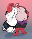 anthro belly black_hair bottomwear bulge carrying_another clothed clothing duo eyewear facial_hair flexing fur glasses hair male male/male moobs mustache navel nipples overweight overweight_anthro overweight_male red_body red_fur shorts standing underwear underwear_only white_body juicestandmango bear giant_panda mammal 2024 hi_res