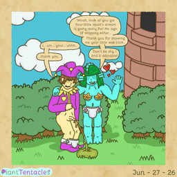 bald_crotch blue_body bodily_fluids building clean_diaper clothed clothing cloud dialogue diaper diaper_down embarrassed eyeless fool's_hat genital_fluids genitals grass hat headgear headwear heart_symbol holding_clothing holding_object holding_shirt holding_topwear jester penis plant presenting presenting_penis shirt shrub sky starfish_(accessory) starfish_on_nipples text topwear tower urine watersports wearing_diaper planttentacles animal_humanoid aquatic aquatic_humanoid asterozoan echinoderm humanoid starfish 1:1 2026 english_text