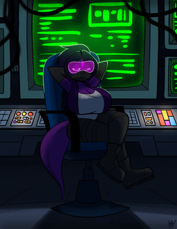 anthro armwear big_breasts boots breasts chair clothing coat computer crossed_legs cybernetics cyberpunk elbow_gloves electronics female footwear furniture gas_mask gloves hair half-closed_eyes hands_behind_head handwear hoodie laboratory looking_at_viewer machine mask narrowed_eyes office_chair ponytail purple_body purple_eyes science_fiction shirt shoes sitting sleeveless_hoodie solo swivel_chair tail topwear undershirt visor lettuce_(artist) mythology loah_(ikefanboy64) cyborg dragon mythological_creature mythological_scalie scalie absurd_res hi_res
