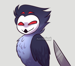 4_eyes beak black_body black_feathers devious feathers feral feralized fluffy fluffy_chest grey_body grey_feathers knife looking_at_viewer male mischievous_smile multi_eye simple_background smile solo text white_face wings norithelord hellaverse helluva_boss knife_cat stolas_(helluva_boss) avian bird demon owl owl_demon 2021 artist_name meme watermark