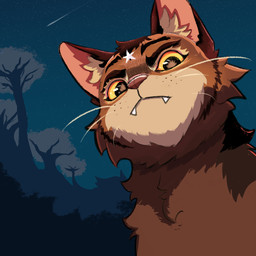 amber_eyes blue_sky body_tuft branch brown_body brown_fur cheek_tuft detailed_background eye_reflection facial_tuft fangs feral forest forest_background fur glistening glistening_eyes inner_ear_fluff looking_at_viewer looking_down looking_down_at_viewer male nature nature_background night pink_inner_ear pink_nose plant pointy_ears prick_ears pupils quadruped reflection shadow shooting_star sky solo star_on_forehead teeth tree tuft white_fangs white_inner_ear_fluff yellow_sclera dappytime warriors_(book_series) tigerstar_(the_prophecies_begin) domestic_cat felid feline felis mammal 1:1 2025 bust_portrait cel_shading colored digital_drawing_(artwork) digital_media_(artwork) icon portrait shaded