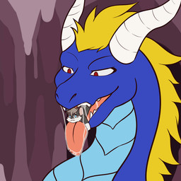 almost_fully_inside anthro blonde_hair bodily_fluids drooling duo feral fully_inside hair horn male male/male mane mane_hair neck_bulge open_mouth partially_inside red_eyes saliva size_difference swallowing tongue tongue_out vore leoneal's_workshop mythology kumo_(tailtales) lesi dragon mythological_creature mythological_scalie scalie 1:1 animated animated_gif short_playtime story story_in_description