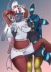 anthro big_breasts blush breasts clitoris clothing collar duo female female/female genitals heart_symbol holding_leg legwear nipple_fetish nipple_play nipple_suck nipples pussy raised_leg stockings sucking anykoe nintendo pokemon absol eeveelution generation_2_pokemon generation_3_pokemon pokemon_(species) shiny_pokemon umbreon