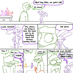 anthro clothing dialogue exclamation_point female group hat headgear headwear male plushie size_difference speech_bubble text toy the_weaver bionicle five_nights_at_freddy's five_nights_at_freddy's_2 lego roommates:motha scottgames beanie_(roommates) chica_(fnaf) foxglove_(roommates) mangle_(fnaf) mango_(roommates) mike_schmidt animate_inanimate avian bird canid canine chicken fox galliform human lagomorph leporid living_plushie mammal phasianid rabbit 1:1 2025 comic digital_media_(artwork) english_text