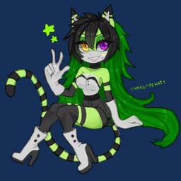 5_fingers anthro black_body black_bottomwear black_clothing black_collar black_fur black_gloves black_hair black_handwear black_legwear black_shorts black_thigh_highs black_topwear boots border bottomwear breasts cleavage clothed clothing collar cross eyelashes female fingers footwear fur gloves green_body green_fur green_hair grin grinning_at_viewer hair handwear heterochromia high_heeled_boots high_heels jewelry legwear long_hair long_tail looking_at_viewer markings medium_breasts multicolored_body multicolored_fur multicolored_hair purple_eyes shoes shorts skimpy smile smiling_at_viewer solo star star_tattoo striped_markings striped_tail stripes tail tail_markings tattoo thigh_highs topwear transparent_border two_tone_body two_tone_fur two_tone_hair yellow_eyes farfromserious yushi_the_cat domestic_cat felid feline felis mammal 1:1 2020 alpha_channel digital_media_(artwork) hi_res signature