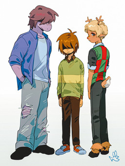 ambiguous_gender anthro blonde_hair bottomwear brown_hair clothing crossgender denim denim_bottomwear denim_clothing ftm_crossgender group hair hair_over_eyes hooves jeans male pants trio problemozz deltarune undertale_(series) noelle_holiday susie_(deltarune) deer human mammal new_world_deer reindeer scalie 3:4 hi_res nonbinary_(lore)
