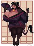 anthro asian_clothing big_breasts breasts cleavage clothed clothing east_asian_clothing female folding_fan huge_breasts hyper hyper_breasts japanese_clothing kimono solo jwinkz summer_(jwinkz) bovid bovine cattle mammal absurd_res hi_res