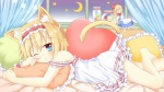 accessory arm_garter bed blonde_hair blue_eyes blush clothing container crescent_moon curtains detailed_background doll duo female frilly frilly_accessory frilly_clothing frilly_hairband furniture garter hair hair_accessory hairband jar looking_at_viewer lying moon night nightgown on_front pillow short_hair solo_focus star tail waking_up window umi_suzume touhou alice_margatroid animal_humanoid cat_humanoid felid felid_humanoid feline feline_humanoid humanoid mammal mammal_humanoid digital_media_(artwork) portrait three-quarter_portrait