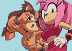 anthro big_breasts blue_eyes breasts cleavage clothed clothing duo female fur gesture gloves green_eyes handwear looking_at_viewer open_mouth orange_body orange_fur pink_body pink_fur simple_background inker_comics sega sonic_boom sonic_the_hedgehog_(series) amy_rose sticks_the_jungle_badger badger eulipotyphlan hedgehog mammal mustelid musteline 2022 absurd_res hi_res