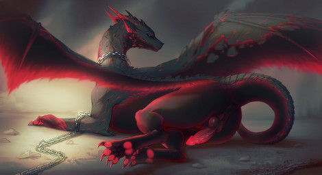 animal_genitalia anus black_body black_knot black_scales black_sclera bound butt chain chained claws erection feral genital_slit genitals grey_body grey_scales horn knot looking_at_viewer male male_feral multicolored_penis pawpads penis red_anus red_claws red_eyes red_horn red_pawpads red_penis scales solo reymur mythology singularity_(thermalisation) dragon mythological_creature mythological_scalie scalie hi_res