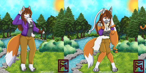 anthro breasts clothing featureless_breasts female outside pokemorph solo species_transformation standing surprised three_frame_sequence torn_clothing transformation transformation_sequence furminko27 nintendo pokemon pokemon_legends_z-a canid canine fox generation_9_pokemon mammal mega_evolution mega_lucario_z pokemon_(species) red_fox true_fox 3:1 absurd_res hi_res sequence