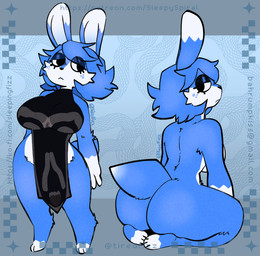 :< abstract_background anthro blue_body blue_fur blue_hair butt cheek_tuft countershading dark_eyelids eyelashes facial_tuft female female_anthro fur hair kneeling male multiple_poses neutral_expression nude_anthro pose rear_view short_tail skimpy_dress solo standing tail tuft tiredfizz atlyss lagomorph leporid mammal poon_(atlyss) rabbit 2025
