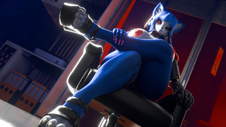 anthro areola big_breasts black_nose blue_body blue_fur blue_hair breasts chair city claws clothing countershade_face countershade_torso countershading cybernetic_arm cybernetic_limb eyebrows female footwear front_view fur furniture hair high_heels inner_ear_fluff inside long_nails looking_at_viewer low-angle_view multicolored_body multicolored_fur nipples on_chair platform_footwear platform_heels shoes short_hair sitting sitting_on_chair solo toe_claws tuft two_tone_body two_tone_fur white_body white_countershading white_fur neumond_art dogzeela_(modeler) cd_projekt_red cyberpunk_2077 nintendo star_fox krystal_(star_fox) canid canine fox mammal 16:9 3d_(artwork) blender_(artwork) digital_media_(artwork) hi_res widescreen