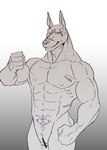 abs andromorph anthro blush clitoris embarrassed genitals intersex male muscular muscular_andromorph muscular_arms muscular_intersex navel pecs pussy solo standing womb_tattoo seitora canid canine canis dobermann domestic_dog mammal pinscher hi_res