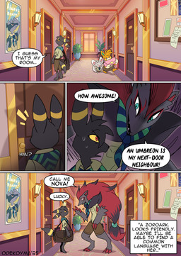 ambiguous_gender anthro anthrofied black_body black_ears black_fur black_tail blue_eyes dialogue female fur grey_body grey_ears grey_fur grey_tail group harmony_scarf male orange_body orange_ears orange_fur red_eyes tail text odeko-yma nintendo pokemon pokemon_mystery_dungeon spike_chunsoft lucky_(odeko-yma) nova_(odeko-yma) eeveelution generation_2_pokemon generation_5_pokemon generation_9_pokemon minccino pawmot pokemon_(species) umbreon zoroark 2025 absurd_res comic english_text hi_res