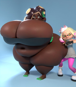 belly big_belly big_breasts big_butt black_clothing black_eyebrows black_fingerless_gloves black_gloves black_hair black_handwear black_topwear blue_background bottomwear breasts brown_body brown_ears brown_skin butt clothing deep_navel duo eyebrows female fingerless_gloves footwear gesture gloves green_eyes grey_clothing grey_topwear hair hand_gesture hand_on_breast hand_on_own_breast handwear headgear headwear huge_belly huge_breasts huge_butt huge_thighs humanoid_pointy_ears hyper hyper_breasts hyper_butt hyper_thighs markings mole_(marking) navel not_furry obese obese_female obese_humanoid overweight overweight_female overweight_humanoid pants pink_bottomwear pink_clothing pink_pants pointing pointing_at_another pointy_ears pseudo_hair shoes simple_background size_difference smile tan_body tan_eyebrows tan_hair tan_skin teeth tentacle_hair tentacles thick_thighs tight_clothing topwear white_clothing white_footwear white_headwear white_shoes yellow_eyes extrudedsquared nintendo splatoon marina_(splatoon) pearl_(splatoon) animal_humanoid cephalopod cephalopod_humanoid humanoid inkling marine marine_humanoid mollusk mollusk_humanoid octarian octoling 2025 3d_(artwork) alternate_version_at_source colored digital_media_(artwork) hi_res shaded