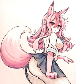 anthro black_nose bottomwear breasts butt clothed clothing female fingers fluffy fluffy_tail fur hair inner_ear_fluff kemono looking_at_viewer multicolored_body multicolored_fur pink_body pink_eyes pink_fur pink_hair simple_background skirt solo tail tail_under_skirt tuft underwear white_background white_body white_fur ray65189008 brand_new_animal studio_trigger nazuna_hiwatashi canid canine fox mammal 2020 absurd_res hi_res portrait three-quarter_portrait