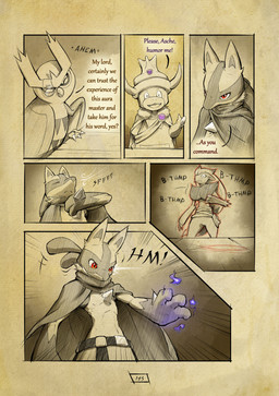anthro biped blue_eyes chest_spike cloak clothing dialogue eyes_closed eyewear feral fur furniture group hair hand_spike illusion inside long_hair monocle nervous open_mouth page_number red_eyes red_glow red_hair spikes spikes_(anatomy) table text truescorn nintendo pokemon pokemon_mystery_dungeon shadows_for_hire spike_chunsoft asche_(truescorn) clarity_(truescorn) generation_2_pokemon generation_4_pokemon generation_5_pokemon lucario noctowl pokemon_(species) slowking zoroark 2025 comic english_text hi_res