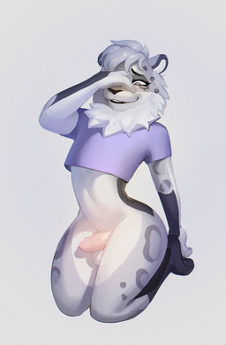 anthro balls black_body black_eyebrows black_fur black_nose black_pawpads blush bottomless bottomless_anthro bottomless_male clothed clothing crop_top crop_top_only cute_fangs erection eyebrows eyelashes fangs femboy fur fur_markings genitals grey_body grey_fur grey_hair hair hand_on_face heart_eyes heart_symbol inner_ear_fluff kneeling leg_markings male markings neck_tuft partially_clothed pawpads paws penile_spines penis pink_penis purple_clothing purple_crop_top purple_shirt purple_topwear shirt simple_background smile socks_(marking) solo teeth thick_thighs topwear tuft white_background white_body white_fur white_inner_ear white_inner_ear_fluff wide_hips kosskiku felid mammal pantherine snow_leopard 2026 hi_res