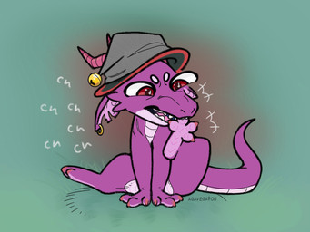 4_toes anthro bite claws clothing ear_piercing ear_ring eyebrows feet feral gold_(metal) gold_jewelry hat headgear headwear horn jewelry male male/male multicolored_body multicolored_scales notched_ear open_mouth orange_claws orange_horn piercing purple_body purple_scales red_eyes ring_piercing scales scar self_bite silly simple_background sitting snarling solo sound_effects tail toes two_tone_body two_tone_scales ventral_scales white_eyebrows wizard_hat agavegator fuzzysmore_(character) kobold scalie 4:3 watermark