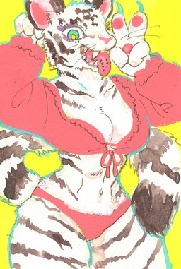 anthro big_breasts blue_eyes bra breasts claws cleavage clothed clothing fangs female fur gesture green_eyes hand_gesture kemono leucistic looking_at_viewer navel open_mouth panties pawpads pink_clothing simple_background smile solo standing striped_body striped_fur stripes tail teeth thick_thighs tongue tongue_out topwear underwear v_sign whiskers white_body white_fur wide_hips yellow_background kyokyota felid mammal pantherine tiger 2021 hi_res painting_(artwork) traditional_media_(artwork)