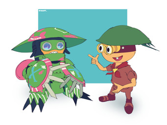 anthro armor blue_eyes duo eyewear goggles headgear helmet male sharp_teeth shield smile standing teeth notaventura bandai_namco digimon nintendo splatoon sheldon_(splatoon) aquatic bivalve digimon_(species) ludomon mollusk oyster 4:3 absurd_res hi_res