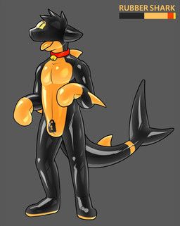 anthro bell chastity_bulge chastity_device clothing collar dorsal_fin drone dronesuit featureless_crotch fin implied_permanent jingle_bell latex latex_clothing latex_skinsuit lock_bulge lock_symbol male null null_bulge plantigrade skinsuit solo standing tight_clothing wearing_chastity_device hacony gleipnir_(hacony) cocoshark_(hacony) animate_inanimate aquatic fish living_latex shark hi_res
