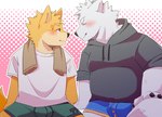 anthro black_nose blush bulge clothing duo eyes_closed kemono male male/male shirt slightly_chubby topwear towel towel_around_neck underwear green_bell canid canine canis domestic_dog mammal 2024 absurd_res hi_res