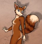 abstract_background anthro blue_eyes breasts brown_body brown_fur brown_tail butt butt_pose claws fangs female fur inner_ear_fluff pink_nose pose simple_background small_breasts smile solo tail tan_body tan_fur tan_tail teeth tuft skbld dota valve hoodwink_(dota) mammal rodent sciurid tree_squirrel