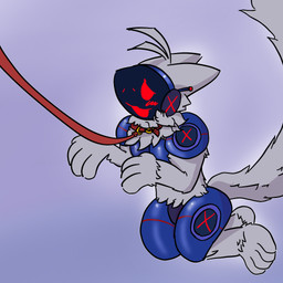 anthro armor armor_plates bdsm big_tail blue_armor blush collar cybernetic_limb fluffy fur grey_body grey_fur kneeling leash looking_up machine male petplay roleplay solo tail just172ordinary a.r._probert protogen 1:1 hi_res