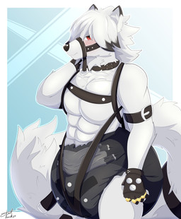 anthro bdsm belt big_diaper blush bondage bondage_gear bound clean_diaper clothed clothing diaper embarrassed fur gloves handwear harness looking_at_viewer male print_diaper ring side_view solo standing wearing_diaper white_body white_fur steelshark mihoyo zenless_zone_zero von_lycaon canid canine canis mammal wolf absurd_res hi_res