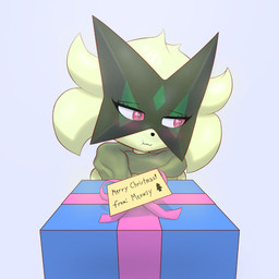 ambiguous_gender anthro anthrofied biped blush box card christmas_present clothed clothing container eyebrows eyelashes fur gift gift_box green_body green_clothing green_fur green_hair hair holidays looking_aside looking_away mask offering_to_viewer pink_eyes pokemorph scarf shy simple_background solo standing text additionalespeon333 christmas nintendo pokemon felid feline generation_9_pokemon mammal meowscarada pokemon_(species) 1:1 2025 absurd_res colored digital_drawing_(artwork) digital_media_(artwork) hi_res shaded