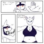1:1 anthro big_breasts blackbetty blush bottomwear bra breasts canid canine clothing comic dominant dominant_female duo english_text female generation_1_pokemon generation_4_pokemon hi_res horn imminent_rape larger_female lucario male mammal midriff navel nidoqueen nintendo pokemon pokemon_(species) red_eyes shorts size_difference smaller_male spandex spandex_shorts sports_bra submissive submissive_male text tight_bottomwear tight_clothing tight_shorts underwear