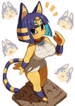 2024 3_toes 4_fingers animal_crossing ankha_(animal_crossing) anthro big_breasts blue_eyes blue_hair blue_stripes blush breasts clothed clothing domestic_cat dress empty_eyes feet felid feline felis female female_anthro fingers frown fur greentanuki hair hi_res jewelry kemono looking_at_viewer looking_up mammal necklace nintendo pawpads pink_pawpads short_dress simple_background solo standing stripes surprised_expression toes white_background white_clothing white_dress yellow_body yellow_fur