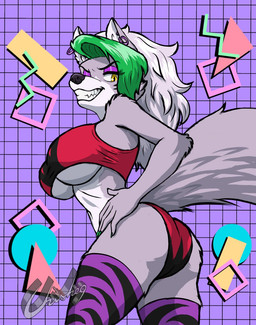 anthro big_breasts breasts ear_piercing ear_ring ears_up eyebrows eyelashes female female_anthro fur green_hair grey_body grey_fur hair looking_at_viewer looking_back looking_back_at_viewer piercing ring_piercing smile smiling_at_viewer solo tail teeth teeth_showing white_body white_fur white_hair yellow_eyes chisheq five_nights_at_freddy's five_nights_at_freddy's:_security_breach scottgames steel_wool_studios roxanne_wolf canid canine canis mammal wolf hi_res