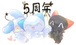 ^v^ black_body black_fur blue_body blue_ears blue_fur fur group kemono red_ears simple_background text trio white_background yellow_sclera xinyue neko_no_teach-kun oyasaioni9 kobayashi_(neko_no_teach-kun) sam_(neko_no_teach-kun) teach domestic_cat felid feline felis lagomorph leporid mammal rabbit chinese_description japanese_text