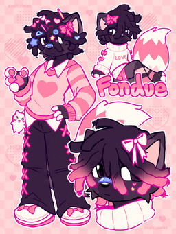 4_fingers accessory anthro black_body black_bottomwear black_clothing black_fur black_hair black_nose black_pants bottomwear bow_ribbon clothing fingers footwear fur hair hair_accessory hair_bow hair_ribbon hairclip male medium_hair multiple_poses pants pawpads pink_bottomwear pink_clothing pink_pawpads pink_shorts pink_sweater pink_topwear pose ribbons shoes shorts solo stickers_on_face sweater text topwear white_clothing white_sweater white_topwear kingsillysmilez fondue_(kingsillysmilez) mammal colored digital_drawing_(artwork) digital_media_(artwork) english_text flat_colors hi_res