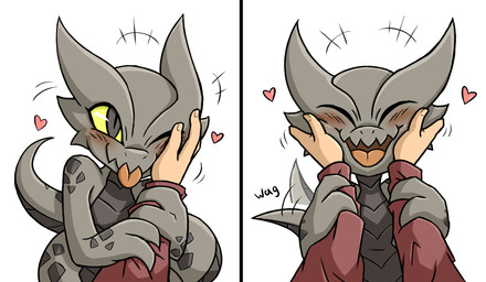 acting_like_a_dog afterimage anthro blush daww disembodied_hand duo eyes_closed featureless_chest female female_focus happy heart_symbol motion_blur motion_lines one_eye_closed open_mouth petting simple_background smile solo_focus tail tail_motion tailwag tongue tongue_out white_background rakkuguy coal_(rakkuguy) human kobold mammal scalie 2018 hi_res
