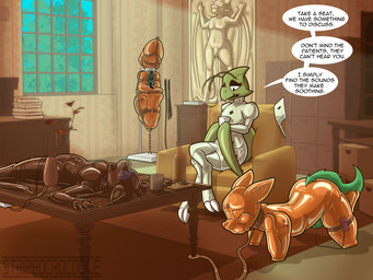 anthro balls bdsm biped bitchsuit bondage bondage_gear bound chastity_device clothing collar dialogue encasement feet furniture genitals group inside latex latex_clothing leash leashed_collar male nurse_clothing sleepsack speech_bubble table tail text vacuum_bed vibrator_controller stripedcrocodile nintendo pokemon edgar_munroe canid canine canis generation_1_pokemon mammal pokemon_(species) scyther wolf english_text hi_res