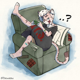 anthro armchair bandage bandage_on_face big_breasts breasts chair clothed clothing eyebrows female furniture hair huge_breasts hyper hyper_breasts inner_ear_fluff question_mark solo tail tuft young young_anthro young_female dewebu luka_belyakov felid mammal pantherine tiger full-length_portrait hi_res portrait busty_boy_(lore) male_(lore)