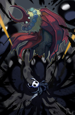2_horns ambiguous_gender anthro black_eyes cloak clothed clothing duo empty_eyes holding_melee_weapon holding_object holding_weapon horn melee_weapon neck_tuft red_clothing tuft weapon white_eyes ryun_s_zand hollow_knight_(franchise) team_cherry markoth_(hollow_knight) the_knight_(hollow_knight) arthropod insect lepidopteran moth vessel_(species) 2026 hi_res signature