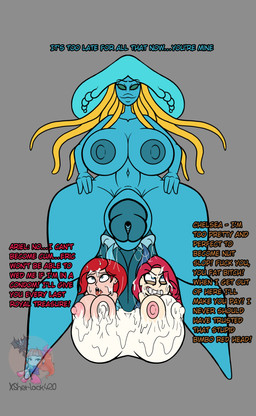 anthro balls big_balls bodily_fluids breasts cock_vore cum cum_covered cum_transformation curvy_figure digestion female genital_fluids genitals group gynomorph hourglass_figure huge_balls hyper hyper_balls hyper_genitalia imprint intersex intersex/female macro masturbation melting messy nipples non-mammal_balls non-mammal_nipples nude penile penis split_form tentacles text transformation trio vore vulva x-ray_view xsherlock420 disney ruby_gillman_teenage_kraken the_little_mermaid_(1989) ariel_(disney) chelsea_van_der_zee kalahari_(morphide) animal_humanoid aquatic aquatic_humanoid cnidarian cnidarian_humanoid humanoid jellyfish jellyfish_humanoid medusozoan medusozoan_humanoid merfolk absurd_res english_text hi_res