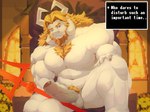 2_horns anthro balls barazoku beard big_pecs blonde_beard blonde_eyebrows blonde_facial_hair blonde_hair body_hair chair chest_hair dialogue dialogue_box erection eyebrows facial_hair foreskin front_view fur furniture genitals hair hand_on_leg horn humanoid_genitalia humanoid_penis male melee_weapon mouth_closed muscular muscular_anthro muscular_arms muscular_legs muscular_male nude nude_female nude_male on_chair one_eye_closed partially_retracted_foreskin pecs penis polearm pubes serious_face sitting sitting_on_chair sitting_on_throne solo text throne trident weapon white_body white_fur freddyv7205172 undertale_(series) asgore_dreemurr bovid caprine goat mammal 2025 english_description english_text hi_res