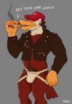 anthro bulge cigarette clothing hat headgear headwear jacket jockstrap male muscular muscular_anthro muscular_male navel pubes redneck scruffy solo topwear underwear arcarc accipitrid accipitriform avian bird eagle hi_res