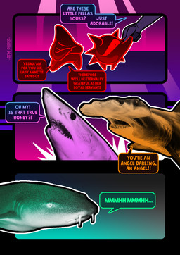 ambiguous_gender anthro dialogue dorsal_fin feral fin group humor pink_body real red_body speech_bubble spikes spikes_(anatomy) tail tail_fin teal_body text yellow_body rem_phase annette_(rem_phase) gino_(rem_phase) gorb_(rem_phase) jenna_(rem_phase) kenzie_(rem_phase) aquatic asterozoan carpet_shark catfish demon echinoderm echinozoan fish ginglymostomatid mackerel_shark mako_shark nurse_shark sea_urchin shark starfish white_shark 2025 absurd_res comic digital_media_(artwork) english_text hi_res female_(lore) male_(lore)