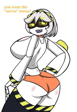 big_breasts breasts butt female hand_on_butt huge_breasts looking_at_viewer looking_back machine pose solo pace-maker glitch_productions hooters murder_drones v_(murder_drones) humanoid robot