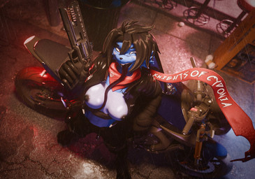 anthro black_hair black_nipples blue_body blue_eyes blue_fur breasts clothing female fur grey_eyes gun hair handgun heterochromia holding_gun holding_handgun holding_object holding_ranged_weapon holding_revolver holding_weapon jacket long_tongue looking_at_viewer motorcycle nipples prehensile_tongue raining ranged_weapon red_scarf revolver scarf solo tongue topwear trigger_discipline vehicle weapon nitenight warfaremachine_(modeler) domi_(domi3d) lagomorph leporid mammal rabbit 2026 3d_(artwork) digital_media_(artwork) hi_res