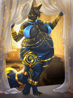 4_toes anthro belly big_belly big_breasts black_body black_fur black_hair bracelet breasts clothed clothing deep_navel digit_ring feet female fingers fur hair huge_belly huge_breasts jewelry legband looking_at_viewer markings navel overweight overweight_anthro overweight_female ring skimpy solo standing thick_thighs thighband toe_ring toes wide_hips yellow_eyes tiggybloom canid canine canis jackal mammal 2025 full-length_portrait hi_res portrait signature