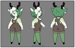 anthro antlers armpit_hair body_hair chest_tuft clothing curled_hair eyebrows female freckles front_view green_body green_eyebrows green_freckles green_hair hair hooves horn inner_ear_fluff multicolored_body multiple_angles overalls overalls_only rear_view small_tail tail tuft white_body white_hair thesummerwitch adventure_time cartoon_network clem_satyr fan_character satyr absurd_res hi_res model_sheet